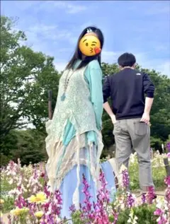 白レース羽織・水色トップス・白レーススカート・水色パンツ・ネックレスの5点セット