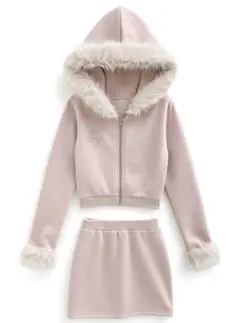 ファー付きパーカー×ミニスカートスウェットセットアップ ピンク Mサイズ