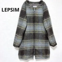 レプシィム ノーカラーチェックジャケット ジャギーコート チェック柄