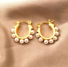 ピアス k18 ゴールド 揺れる フープ パール 高品質 金属アレルギー対応