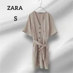 ザラ　シャツワンピース 半袖　ベルトつき　ベージュ　S