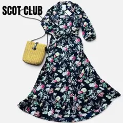 新品タグ付 SCOT CLUB 花柄ロングワンピース F 紺 総柄 リボンベルト