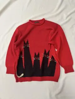 希少　長袖ニット レッド ブラック 猫柄