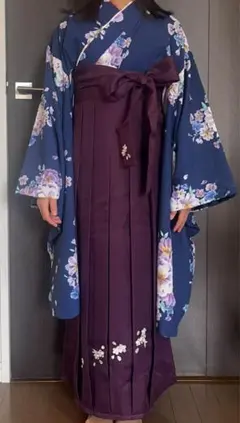 紺色花柄着物と紫色袴セット 卒業式 小学生 150