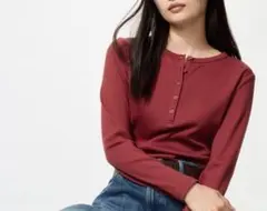 新品【UNIQLO】リブヘンリーネック長袖T　Lサイズ　Red