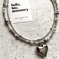 パールシルバービーズネックレス　ステンレスハートモチーフ