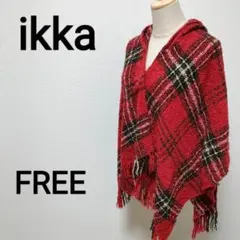 Ikka FREE ポンチョ　チェック柄　フード付き　フリンジ　2097のサムネイル