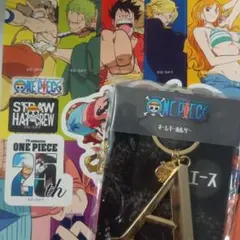 新品　ONE PIECE 25周年記念シール＋ ワンピースキーホルダー Aエース