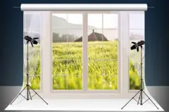 マイクロファイバー 1.5x2.2m 窓 春の緑 山 背景 写真撮影 背景