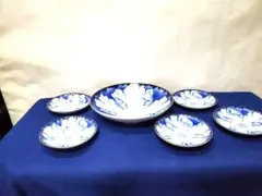 有田焼萬右衛門作青染付浮彫草花文皿・小鉢 12点セット（大皿/中皿