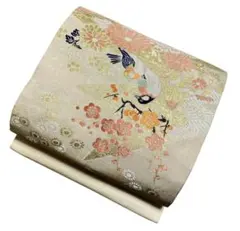 T15-1名古屋帯　レトロ　金糸　梅 菊 鳥　正絹 着物帯　仕立て上がり