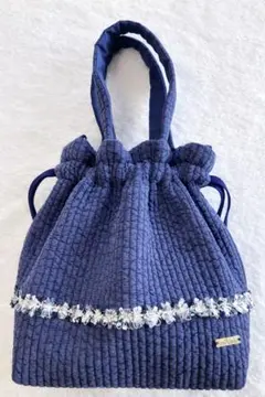 ネイビーのヌビ巾着orトートバッグツイード風リボン飾り付きハンドメイドバック
