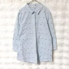 ブルー 7分袖 総柄 シャツ M ブルー バックタック フロントボタン ポケット