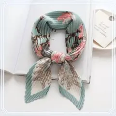 【限定1点】プリーツスカーフ 菱形 水色 ピンク ボタニカル 花柄 クリンクル