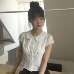 襟付きフリルブラウス ホワイト ガーリー 半袖 トップス ウィッシュコア 丸襟