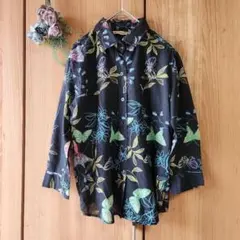 ♦️週末価格【CRAZY】ビンテージ シアー 長袖 アロハ シャツ 蝶々 花柄