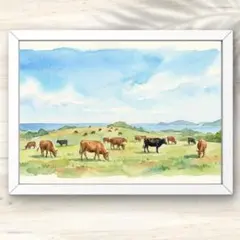 A4 海を望む高原に佇む牛たちの風景画 水彩画アート インテリアポスター
