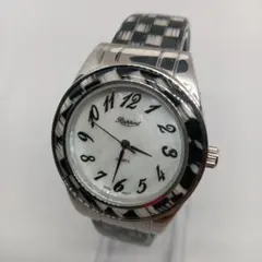 【動作品】 rapport クォーツ腕時計 白黒チェック柄 バングルウォッチ