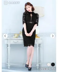 レース襟付きジップホールベルトモチーフ七分袖タイトミニドレス dazzy