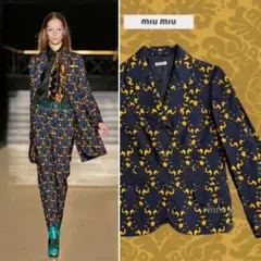 イタリア製 miumiuミュウミュウ 総柄ウールテーラードジャケットイエロー40