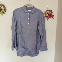 ネイビー系ドット柄ボタン　リネンシャツ