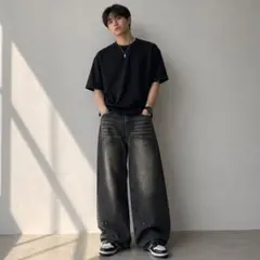 ペイント　ワイドレッグジーンズ　韓国ファッション　Y2K ワイドパンツ　デニムL