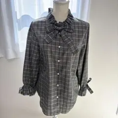 ❤️L❤️ 長袖シャツ レディース 長袖ブラウス グレー チェック リボン 古着