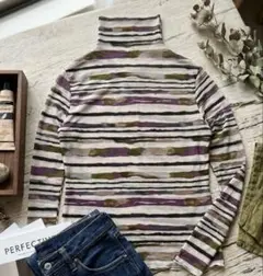 ☑️【美品】シアー ハイネック 長袖 トップス ボーダー柄　レディース　M相当
