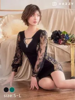 【dazzystore】ビジュー付き谷間ホール サイドレース長袖タイトミニドレス