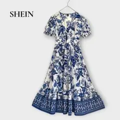 シーイン フレアワンピース 花柄 パフスリーブ 半袖 S 青 白 ロング