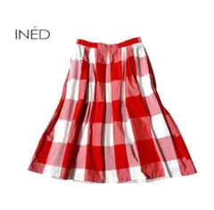 INED イネド チェック ブロックチェック フレアスカート レッド 9号 M