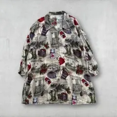 90s レトロ古着 総柄シャツ カントリーモチーフ 赤ケトル 井戸 大判プリント
