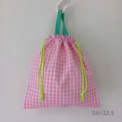 【ハンドメイド】ピンクのチェックの持ち手付き巾着　3. 体操服入れ/お着替え袋