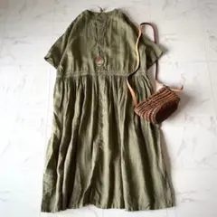 ウティ OUTIL タックシャツワンピース 黄緑 ライトグリーン 綿 コットン ウティ OUTIL タックシャツワンピース 黄緑 ライトグリーン 綿