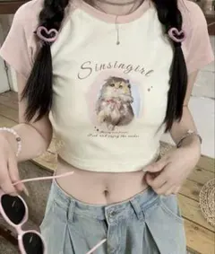 SHEIN Sinsingirl 猫プリント ラグラン 半袖 Tシャツのサムネイル