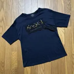 【美品】LANVIN 半袖Tシャツ 38 ネイビー ビジュー装飾 リボン