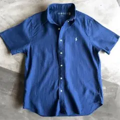 21s ポロラルフローレン リネン半袖シャツ M ネイビー 白ポニー 麻 正規品