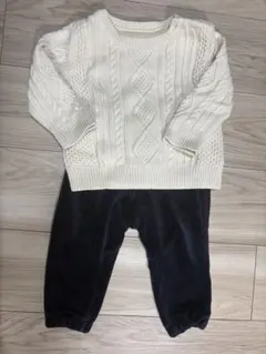 サイズ80 ケーブル編みニット セーター オフホワイト＆コーデュロイパンツ