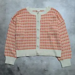 ツイード調ニットカーディガン オレンジ アイボリー パールボタン レトロ 古着