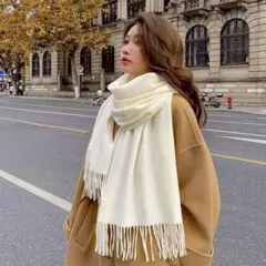 大判 フリンジマフラー カシミヤタッチ 200×70cm 白