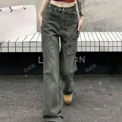 【美品】ハイウエスト ストレートデニムパンツ ライトグレー