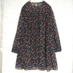 ザラ ZARA総花柄 長袖ミニワンピース M黒系 チュニック 透け感 薄手 春先