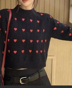 ハート柄 ニットセーター 長袖 黒