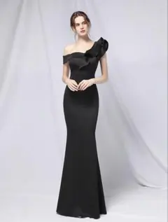 ♡美品♡ 結婚式フリル アシンメトリーネック マーメイドドレス　ブラックMのサムネイル