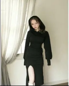 ANDMARY アンドマリー サイドギャザー フーディ ロングワンピース 黒