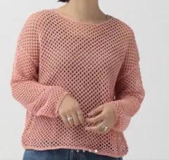 saloon メッシュニット トップス 長袖ピンク 透かし編み あみあみのサムネイル