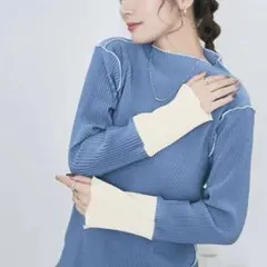 袖配色プリーツトップス S-Mサイズ　ブルー　ホワイト　ゆったり
