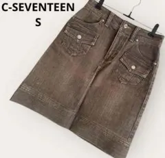 【美脚】 C17 デニム ブラウン S ミニスカート タイト ヴィンテージ 脚長