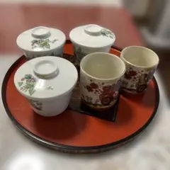 陶磁器 花柄 食器セット 5個　九谷焼の茶飲みと￼ 蓋茶碗蒸し