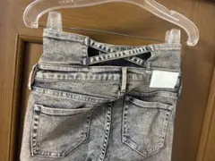 ブルー　ハイウエストBACKクロスUSEDケミカルウォッシュフレアデニムパンツ